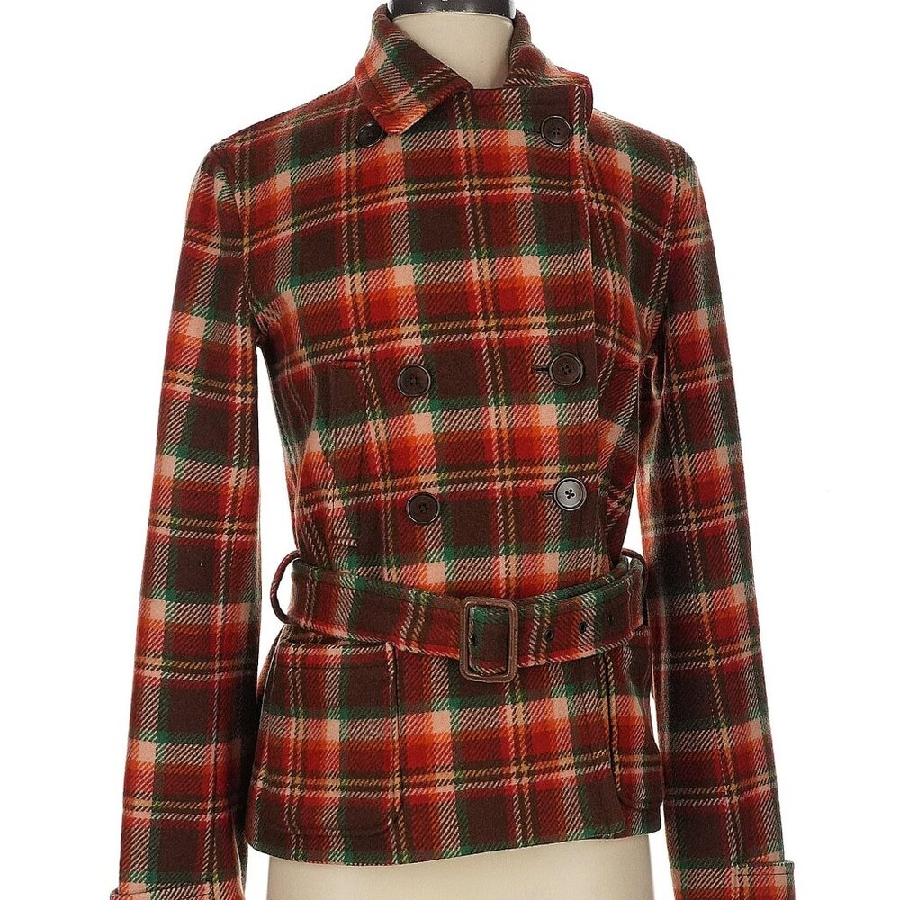 Ralph Lauren Preppy Red Plaid Check Wool Pea Coat Waist Belt Pockets Small